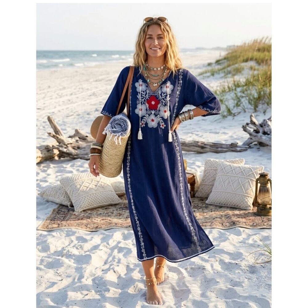 Coastal Boho Floral Embroidered Cotton Caftan Dress